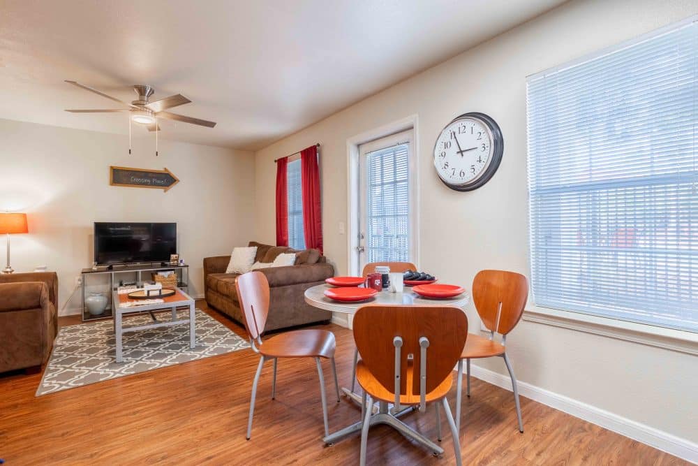 crossing place college station off campus apartments near texas a and m furnished dining room and living room